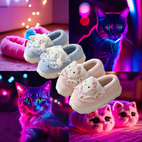 Kuschelige Baumwoll-Hausschuhe Damen – Kuromi & Hello Kitty Style