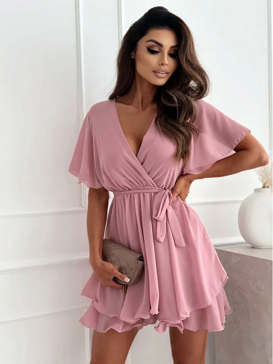 Women White Black Dress Summer Sexy V-neck Cross Strap Mini Skirt Ruffled Hem Chiffon Dress Female Fashion Casual Beach Dresses
