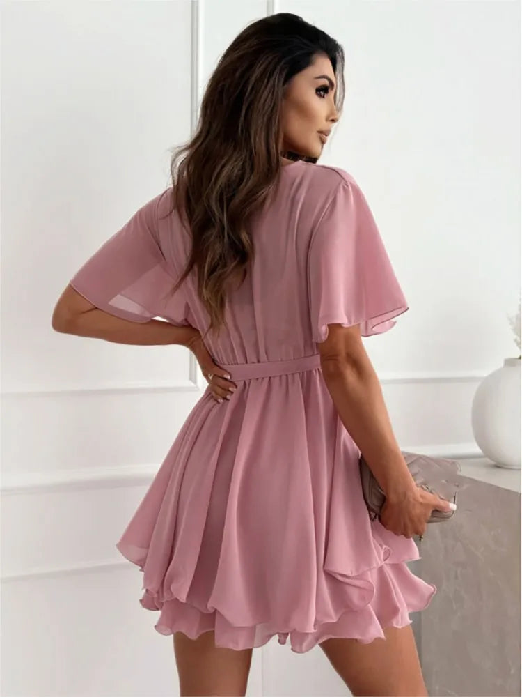 Women White Black Dress Summer Sexy V-neck Cross Strap Mini Skirt Ruffled Hem Chiffon Dress Female Fashion Casual Beach Dresses